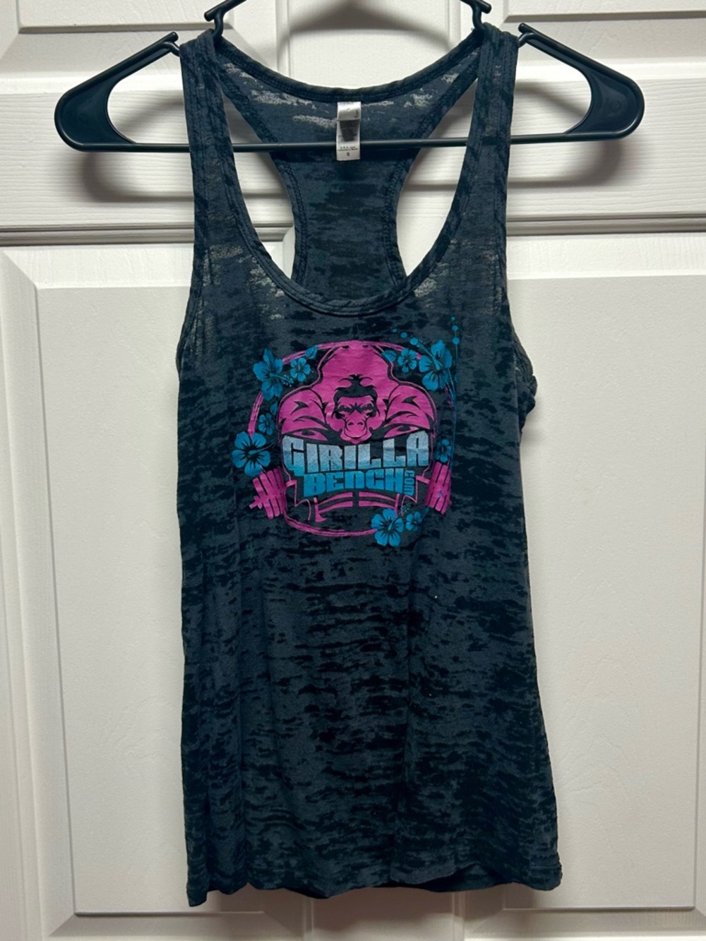 Next Level Black Burnout Racerback Tank with Subtle Graphic